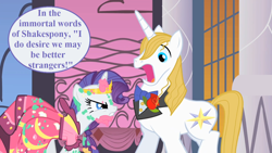 Size: 1280x720 | Tagged: safe, edit, edited screencap, editor:korora, screencap, prince blueblood, rarity, unicorn, g4, the best night ever, angry, as you like it, canterlot castle, clothes, covered in cake, dialogue, dress, gala dress, grand galloping gala, jewelry, messy, rarity is not amused, speech, speech bubble, talking, tiara, unamused, william shakespeare