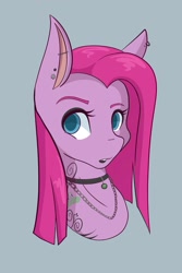 Size: 1365x2048 | Tagged: safe, artist:mscolorsplash, pinkie pie, earth pony, pony, g4, bust, choker, colored pupils, ear piercing, earring, eyebrow piercing, female, goth, gray background, jewelry, mare, necklace, piercing, pinkamena diane pie, shading, simple background, solo, tattoo