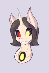 Size: 1365x2048 | Tagged: safe, artist:mscolorsplash, oc, oc only, oc:piezo, gynoid, pony, robot, robot pony, unicorn, black sclera, colored pupils, eye clipping through hair, eyebrows, eyebrows visible through hair, female, gray background, grin, heterochromia, looking at you, mare, shading, short hair, simple background, smiling, smiling at you, solo