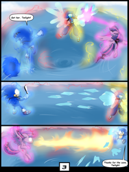 Size: 6000x8000 | Tagged: safe, artist:chedx, twilight sparkle, alicorn, gem (race), hedgehog, pony, anthro, comic:learning with pibby glitch battles, g4, anthro with ponies, artificial wings, augmented, comic, commission, community related, corrupted, crossover, dialogue, error, fight, flying, glitch, glowing, glowing eyes, glowing horn, horn, hydrokinesis, lapis lazuli (steven universe), magic, magic wings, multiverse, sonic the hedgehog, sonic the hedgehog (series), speech bubble, spoilers for another series, steven universe, twilight sparkle (alicorn), water, wings
