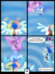 Size: 6000x8000 | Tagged: safe, artist:chedx, twilight sparkle, alicorn, gem (race), hedgehog, pony, anthro, comic:learning with pibby glitch battles, g4, anthro with ponies, artificial wings, augmented, comic, commission, community related, corrupted, crossover, dialogue, error, fight, glitch, glowing, glowing eyes, hydrokinesis, lapis lazuli (steven universe), magic, magic wings, multiverse, onomatopoeia, sonic the hedgehog, sonic the hedgehog (series), sound effects, speech bubble, spoilers for another series, steven universe, twilight sparkle (alicorn), water, wings