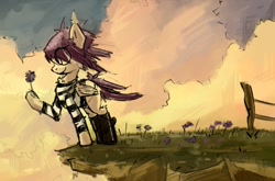 Size: 973x642 | Tagged: safe, artist:uteuk, oc, oc only, bat pony, pony, cliff, clothes, drawthread, flower, gorillaz, ponified, requested art, sky, solo, this ended in tears