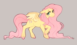 Size: 1144x665 | Tagged: safe, artist:sparkplatinum, fluttershy, pegasus, pony, g4, blushing, female, floppy ears, gray background, looking at you, mare, raised hoof, simple background, smiling, smiling at you, solo