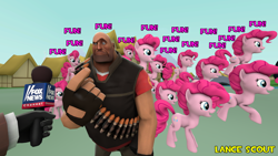Size: 1920x1080 | Tagged: safe, artist:lancescout, pinkie pie, earth pony, human, pony, g4, too many pinkie pies, 3d, clone, confused, crossover, female, fox news, fun fun fun, heavy weapons guy, male, mare, microphone, multeity, pinkie clone, scene interpretation, source filmmaker, speech, spy, spy (tf2), talking, team fortress 2, too much pink energy is dangerous, watermark