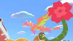 Size: 3072x1727 | Tagged: safe, screencap, dragon, cake dragon, g5, my little pony: tell your tale, spoiler:g5, spoiler:my little pony: tell your tale, spoiler:tyts02e03, cake, flower, flying, food, solo, spread wings, wings