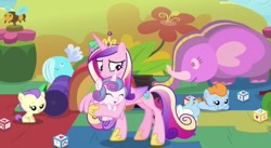 Size: 720x395 | Tagged: safe, screencap, cranberry pit, cream puff, ginger tea, grape stem, princess cadance, princess flurry heart, stratus wind, alicorn, earth pony, pony, g4, once upon a zeppelin, season 7, baby, baby pony, concave belly, female, filly, foal, group, mare, mother and child, mother and daughter, slender, thin, zeppelin children