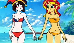 Size: 999x578 | Tagged: safe, sunset shimmer, human, humanoid, equestria girls, g4, animate object, beach, breasts, crossover, crossover shipping, doll, duo, duo female, female, hat, interspecies, jester, jester hat, lesbian, living doll, ocean liner, pomni, qe2, ship:sunpom, shipping, the amazing digital circus, toy