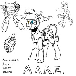 Size: 1200x1200 | Tagged: safe, artist:pony quarantine, oc, oc only, oc:m.a.r.e., pony, black and white, coffee cup, cup, dialogue, female, grayscale, heterochromia, hoof hold, mare, monochrome, open mouth, open smile, partial color, powered exoskeleton, simple background, sitting, smiling, solo, standing, text, weapon, white background