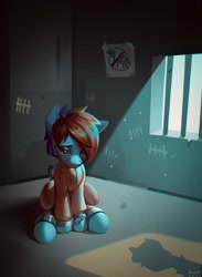 Size: 1501x2048 | Tagged: safe, artist:annna markarova, rainbow dash, g4, chained, chains, clothes, commissioner:rainbowdash69, cuffed, head down, jail cell, jumpsuit, looking up, never doubt rainbowdash69's involvement, poster, prison cell, prison outfit, prisoner rd, sad, solo
