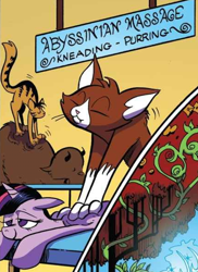 Size: 428x589 | Tagged: safe, artist:andypriceart, edit, idw, official comic, twilight sparkle, abyssinian, alicorn, buffalo, cat, pony, g4, spoiler:comic, spoiler:comic61, chef, comic, cropped, eyes closed, facial hair, female, furry reminder, horn, lidded eyes, mare, massage, relaxed, smiling, twilight sparkle (alicorn), unnamed abyssinian, unnamed character