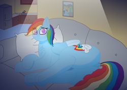 Size: 1245x880 | Tagged: safe, artist:theonlyone, rainbow dash, oc, oc:anon, human, pegasus, pony, blushing, butt, chest fluff, couch, dock, eye clipping through hair, featureless crotch, house, indoors, kitchen, looking at you, looking back, looking back at you, lying down, night, on side, pillow, plot, rainbow dash day, short hair, solo, tail