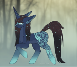 Size: 1480x1280 | Tagged: safe, artist:pensu, oc, oc only, pony, unicorn, adoptable, black mane, blue eyes, braid, flower, flower in hair, horn, ibispaint x, long horn, long mane, long tail, markings, runes, selling, solo, tail