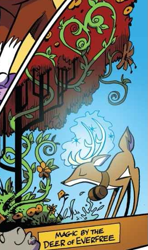Size: 329x554 | Tagged: safe, artist:andypriceart, idw, official comic, deer, g4, spoiler:comic, spoiler:comic61, antlers, comic, cropped, eyes closed, female, glowing, glowing horn, horn, magic, mare, tree, unnamed character, unnamed deer, vine