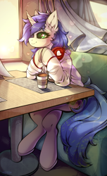 Size: 3000x4930 | Tagged: safe, artist:rico_chan, oc, oc only, oc:melody charmi, pony, unicorn, atmosphere, cafe, calm, coffee, couch, cyrillic, headphones, heart, smiling, solo, steam, sunset, table, window