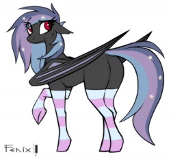Size: 1992x1827 | Tagged: safe, artist:fenixdust, oc, oc only, oc:stellar wind, bat pony, pony, bat pony oc, butt, clothes, concave belly, ethereal mane, eyes open, fenixdust didn't use hockless socks, large wings, looking at you, looking back, plot, red eyes, signature, simple background, slender, smiling, socks, solo, starry mane, striped socks, thin, white background, wings