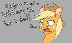 Size: 1732x1030 | Tagged: safe, artist:thescornfulreptilian, applejack, earth pony, pony, g4, female, gray background, mare, open mouth, simple background, solo