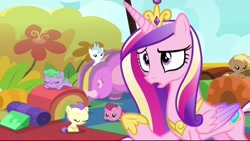 Size: 720x406 | Tagged: safe, screencap, coconut palm, cranberry pit, cream puff, grape stem, princess cadance, stratus wind, alicorn, earth pony, pony, g4, once upon a zeppelin, season 7, airship, baby, baby pony, bowing, concave belly, crown, daycare, eyes closed, female, filly, foal, group, hoof shoes, jewelry, mare, peytral, princess shoes, regalia, slender, thin, worried, zeppelin, zeppelin children