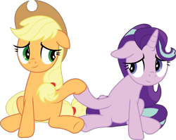 Size: 1736x1382 | Tagged: safe, artist:prixy05, applejack, starlight glimmer, earth pony, pony, unicorn, g4, cute, duo, duo female, female, glimmerbetes, holding hooves, jackabetes, lesbian, mare, ship:glimmerjack, shipping, simple background, transparent background, vector