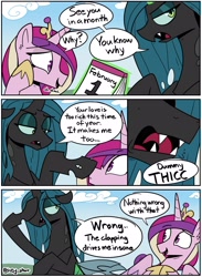 Size: 2066x2819 | Tagged: safe, artist:icey, princess cadance, queen chrysalis, alicorn, changeling, changeling queen, pony, g4, adorable face, calendar, close-up, cloud, comic, crown, cute, dialogue, dummy thicc, duo, duo female, eyebrows, eyeshadow, facehoof, female, frown, hearts and hooves day, holiday, hoof shoes, hooves together, implied weight gain, infidelity, jewelry, lesbian, magic, makeup, mare, meme, open mouth, open smile, princess cheatdance, princess of love, raised eyebrow, regalia, ship:cadalis, shipping, smiling, speech bubble, telekinesis, unamused, valentine's day