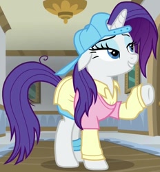 Size: 693x746 | Tagged: safe, screencap, rarity, pony, unicorn, friendship university, g4, my little pony: friendship is magic, season 8, alternate hairstyle, backwards ballcap, baseball cap, cap, clothes, cropped, disguise, female, hat, lidded eyes, mare, plainity, raised hoof, smiling, solo