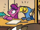 Size: 141x106 | Tagged: safe, artist:andy price, idw, official comic, avian, bird, ornithian, parrot, pony, anthro, g4, my little pony: the movie, spoiler:comic, spoiler:comic61, comic, convocation of the creatures, female, male, unnamed character, unnamed ornithian, unnamed pony