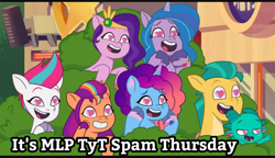 Size: 1080x621 | Tagged: safe, edit, edited screencap, screencap, hitch trailblazer, izzy moonbow, misty brightdawn, pipp petals, sparky sparkeroni, sunny starscout, zipp storm, earth pony, pegasus, pony, unicorn, g5, jazz hearts rocky, my little pony: tell your tale, spoiler:g5, spoiler:my little pony: tell your tale, spoiler:tyts02e04, bush, female, heart, heart eyes, male, mane five, mane seven (g5), mane six (g5), mane stripe sunny, mare, meta, rebirth misty, smiling, stallion, text, wingding eyes