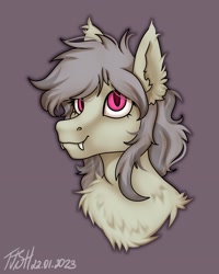 Size: 1727x2160 | Tagged: safe, artist:jjsh, oc, oc only, pony, bust, cute, ear fluff, fangs, female, fluffy, looking at you, magenta eyes, mare, portrait, smiling, smiling at you, solo