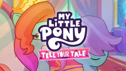 Size: 3072x1727 | Tagged: safe, screencap, jazz hooves, minty skylark, earth pony, pony, g5, jazz hearts rocky, my little pony: tell your tale, spoiler:g5, spoiler:my little pony: tell your tale, spoiler:tyts02e04, duo, duo female, eyes closed, female, grin, mane melody (location), mare, my little pony logo, smiling