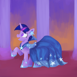 Size: 1000x1000 | Tagged: safe, artist:iron curtain, twilight sparkle, pony, unicorn, g4, the best night ever, clothes, dress, ear piercing, female, gala dress, happy, hoof shoes, mare, open mouth, open smile, piercing, raised hoof, smiling, solo, unicorn twilight