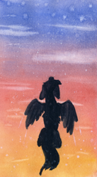 Size: 1920x3500 | Tagged: safe, artist:chevaleto, derpibooru exclusive, pegasus, pony, cloud, flying, gradient background, high res, overhead view, silhouette, sky background, solo, spread wings, sunrise, traditional art, watercolor painting, wings