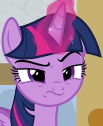 Size: 876x1080 | Tagged: safe, screencap, twilight sparkle, alicorn, pony, friendship university, g4, season 8, :s, cropped, eyebrows, female, frown, glowing, glowing horn, horn, magic, mare, raised eyebrow, solo, squint, twilight sparkle (alicorn), wavy mouth, wings