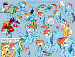 Size: 6500x5000 | Tagged: safe, artist:sketchyboi25, applejack, rainbow dash, scootaloo, earth pony, pegasus, pony, fanfic:rainbow factory, g4, animatronic, blue background, blushing, deltarune, eyebrows, eyebrows visible through hair, family guy death pose, fanfic art, female, hand on head, jar, lego, lesbian, lesbian pride flag, lewd container meme, mixels, pointing, pride, pride flag, rainbow dash day, rainbow factory dash, ship:appledash, shipping, simple background, spamton, spread wings, wings