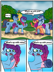 Size: 2880x3840 | Tagged: safe, artist:dawkinsdalmatian, alphabittle blossomforth, argyle starshine, misty brightdawn, peach fizz, sunny starscout, earth pony, pony, unicorn, g5, alphabrightdawn, coat markings, comic, concave belly, dialogue, digital art, duo, duo male and female, father and child, father and daughter, female, filly, foal, group, height difference, hoof heart, incest, looking at each other, looking at someone, male, mane stripe sunny, mare, open mouth, pale belly, physique difference, pippsqueaks, pointing, pointing at self, rebirth misty, ship:sunny starshine, shipping, slender, socks (coat markings), speech bubble, stallion, straight, talking, text, thin, translation, tree, underhoof, unshorn fetlocks, upside-down hoof heart