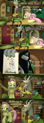 Size: 1920x5400 | Tagged: safe, artist:papadragon69, discord, fluttershy, draconequus, pony, wolf, anthro, digitigrade anthro, g4, 3d, comic, crossover, cup, death (puss in boots), dreamworks, fluttershy's cottage, furry, mispronunciation, oh dear, older, older fluttershy, paper, puss in boots, puss in boots: the last wish, sickle, simpsons did it, source filmmaker, teacup, the simpsons