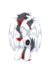 Size: 1385x2000 | Tagged: safe, artist:rieyadraws, oc, oc only, oc:jet blast, pegasus, pony, bed, blushing, body pillow, body pillow design, chest fluff, cute, ear fluff, floppy ears, jet engine, jetbetes, looking at you, lying down, partially open wings, shy, solo, two toned mane, white fur, wings