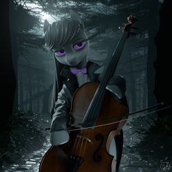 Size: 2560x2560 | Tagged: safe, artist:deadair, octavia melody, earth pony, pony, g4, 3d, blender, blender cycles, bush, cello, clothes, coat, female, feral, forest, front view, grass, high res, looking at you, musical instrument, nature, night, purple eyes, render, solo, standing, tree