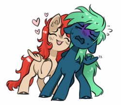 Size: 2564x2260 | Tagged: safe, artist:opalacorn, oc, oc only, oc:emerald, oc:firefly, pegasus, pony, commission, duo, emanata, eyes closed, female, floating heart, floppy ears, heart, lesbian, mare, nuzzling, oc x oc, open mouth, open smile, plewds, shipping, simple background, smiling, white background, ych result
