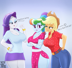 Size: 3300x3121 | Tagged: safe, artist:theretroart88, applejack, rainbow dash, rarity, human, equestria girls, g4, alternate hairstyle, big breasts, blushing, breasts, busty applejack, busty rainbow dash, busty rarity, cleavage, clothes, crossed arms, dress, female, high res, megaradash, paint tool sai, rainbow dash day, teasing, trio, trio female