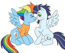 Size: 882x720 | Tagged: safe, artist:dasher666, rainbow dash, soarin', pegasus, pony, g4, the last problem, blushing, eyes closed, female, male, mare, older, older rainbow dash, older soarin', older soarindash, ship:soarindash, shipping, simple background, stallion, straight, white background