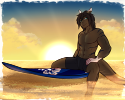 Size: 2399x1912 | Tagged: safe, artist:blackblood-queen, oc, oc only, oc:keone peleke, original species, shark, shark pony, anthro, unguligrade anthro, abs, anthro oc, cloud, commission, male, shark pony oc, smiling, solo, stallion, sunset, surfboard, swimming trunks, swimsuit