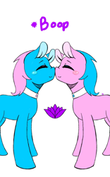 Size: 600x960 | Tagged: safe, artist:korannanightmare, aloe, lotus blossom, earth pony, pony, g4, aloebetes, blushing, boop, choker, cute, duo, eyes closed, female, lotusbetes, mare, noseboop, onomatopoeia, siblings, simple background, sisters, spa twins, spaww twins, white background