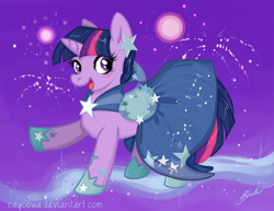 Size: 900x695 | Tagged: safe, artist:caycowa, twilight sparkle, pony, unicorn, g4, the best night ever, clothes, dress, female, fireworks, gala dress, looking at you, mare, open mouth, open smile, scene interpretation, smiling, unicorn twilight