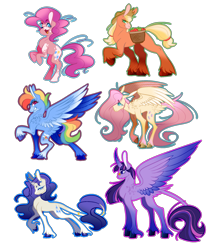 Size: 1897x2256 | Tagged: safe, artist:sunnyduck45, applejack, fluttershy, pinkie pie, rainbow dash, rarity, twilight sparkle, alicorn, classical unicorn, earth pony, pegasus, pony, unicorn, g4, alternate design, apple, apple basket, cloven hooves, coat markings, female, food, horn, jewelry, leonine tail, mane six, mare, missing cutie mark, open mouth, open smile, outline, ring, simple background, smiling, spread wings, tail, tail feathers, tail ring, transparent background, twilight sparkle (alicorn), unshorn fetlocks, wings