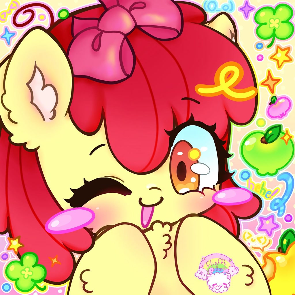[apple,apple bloom,blushing,chest fluff,clover,cute,earth pony,female,filly,foal,food,looking at you,open mouth,pony,safe,solo,sparkles,stars,wink,ear fluff,one eye closed,four leaf clover,adorabloom,hoof fluff,artist:fluffypillarr]