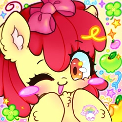Size: 1440x1440 | Tagged: safe, artist:fluffypillarr, apple bloom, earth pony, pony, g4, adorabloom, apple, blush sticker, blushing, chest fluff, clover, colored ear fluff, cute, ear fluff, female, filly, foal, food, four leaf clover, hoof fluff, looking at you, one eye closed, open mouth, open smile, smiling, solo, sparkles, stars, wink, winking at you