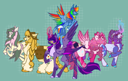 Size: 3806x2430 | Tagged: source needed, safe, artist:sunshin.e, applejack, fluttershy, pinkie pie, rainbow dash, rarity, twilight sparkle, alicorn, earth pony, pegasus, pony, unicorn, g4, green background, mane six, mane six redesign, redesign, simple background, twilight sparkle (alicorn)