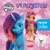 Size: 1654x1654 | Tagged: safe, cloudpuff, misty brightdawn, sunny starscout, earth pony, unicorn, g5, my little pony: make your mark, official, book, cover, flying, looking at you, looking away, mane stripe sunny, merchandise, pink background, poland, polish, rebirth misty, simple background, smiling, smiling at you, standing, sunny's bag, translated in the description