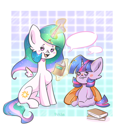 Size: 3035x3035 | Tagged: safe, artist:pozya1007, princess celestia, twilight sparkle, alicorn, pony, unicorn, g4, blushing, book, cute, duo, duo female, empty speech bubble, female, magic, open mouth, reading, speech bubble, together, twiabetes, unicorn twilight