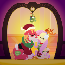 Size: 2160x2160 | Tagged: safe, anonymous artist, big macintosh, fluttershy, earth pony, pegasus, pony, series:fm holidays, g4, antlers, bell, bell collar, christmas, christmas lights, christmas sweater, christmas wreath, clothes, collar, costume, duo, earmuffs, eyes closed, fake antlers, fake beard, female, hat, high res, holiday, kiss on the lips, kissing, lineless, male, mare, mistletoe, red nose, reindeer antlers, remake, santa costume, santa hat, ship:fluttermac, shipping, sitting, smiling, stallion, straight, sweater, wreath