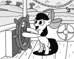 Size: 706x567 | Tagged: safe, anonymous editor, artist:starwarriorjian, edit, apple bloom, applejack, earth pony, pony, g4, bipedal, blank flank, boat, female, filly, foal, grayscale, life preserver, mare, monochrome, open mouth, solo, steamboat willie, steering wheel, tree